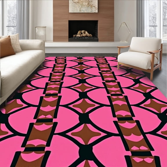 ODIKA 6'x9' Machine Washable Non-Slip Area Rug, Abstract Interlaced Design with Contrasting Tones High Traffic Rug, Pink, 701469