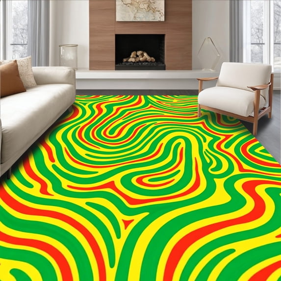 ODIKA 6'x9' Machine Washable Non-Slip Area Rug, Abstract Kaleidoscope Print with Swirling Waves High Traffic Rug, Red, 589298