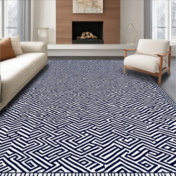 ODIKA 6x9 Machine Washable Non-Slip Area Rug, Abstract Mosaic Tiles with Interlocking Outlines High Traffic Rug, Blue, 569659