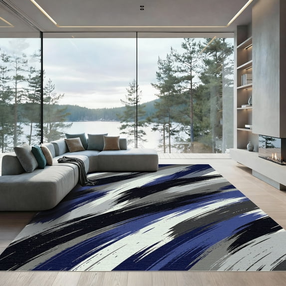 ODIKA 6'x9' Machine Washable Non-Slip Area Rug, Abstract Navy Blue High Traffic Rug, Blue, 956057