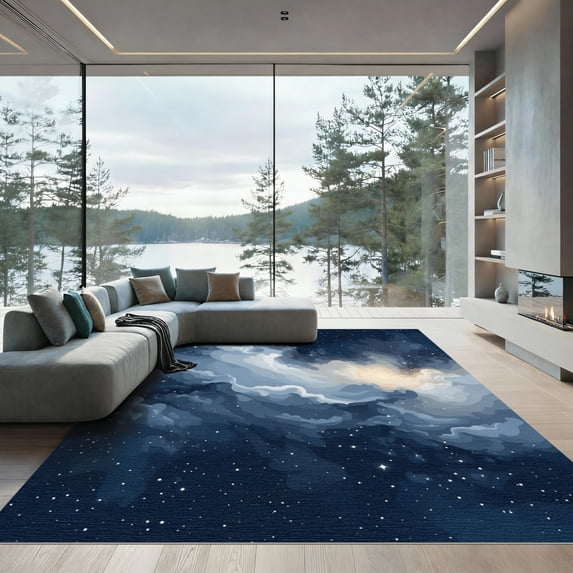 ODIKA 6'x9' Machine Washable Non-Slip Area Rug, Abstract Navy Blue High Traffic Rug with Pad, Blue, 1055742