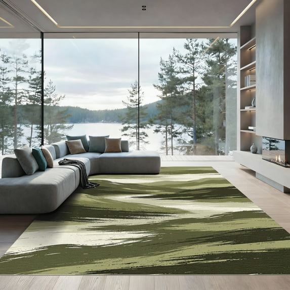 ODIKA 6'x9' Machine Washable Non-Slip Area Rug, Abstract Olive Green High Traffic Rug, Green, 1284504
