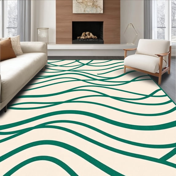 ODIKA 6'x9' Machine Washable Non-Slip Area Rug, Abstract Ripple Stripe with Wave High Traffic Rug with Pad, Ivory, 662123