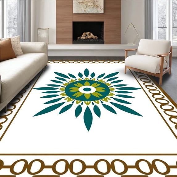 ODIKA 6x9 Machine Washable Non-Slip Area Rug, Abstract Sunburst Medallion with Lattice High Traffic Rug, Brown, 596726