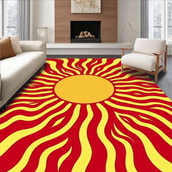 ODIKA 6'x9' Machine Washable Non-Slip Area Rug, Abstract Sunburst with Radiating Shapes and Swirls High Traffic Rug, Red, 510860