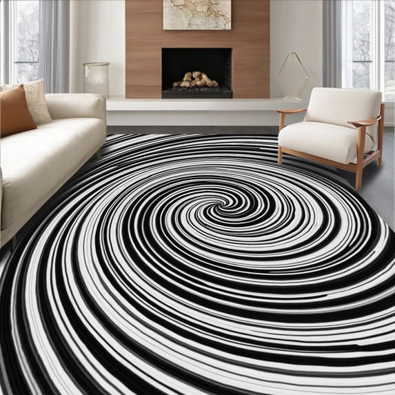 ODIKA 6'x9' Machine Washable Non-Slip Area Rug, Abstract Swirl Vortex Design Anti Slip Indoor Throw High Traffic Rug with Pad, Black, 465403
