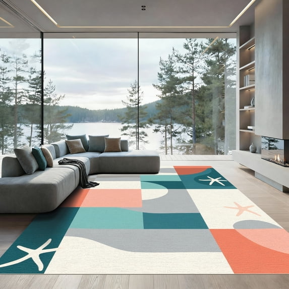 ODIKA 6'x9' Machine Washable Non-Slip Area Rug, Abstract Teal High Traffic Rug, Blue, 1070422