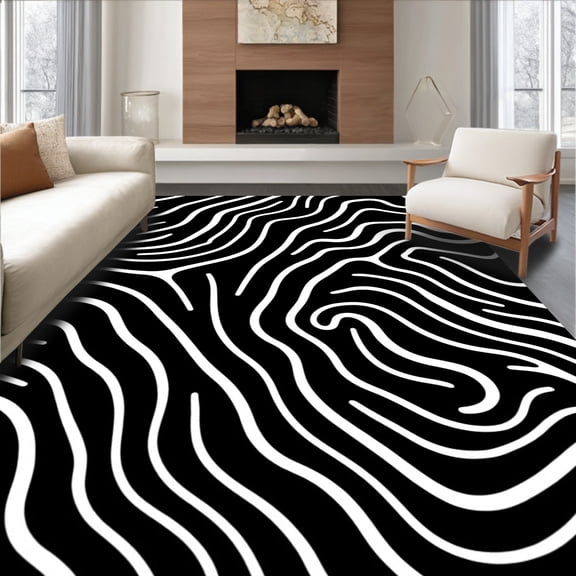 ODIKA 6x9 Machine Washable Non-Slip Area Rug, Abstract Wave Floor with Modern Art Design High Traffic Rug, Black, 525761