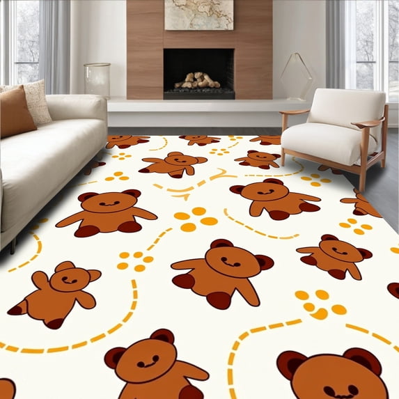 ODIKA 6'x9' Machine Washable Non-Slip Area Rug, Adorable Teddy Bear Nursery Play with Honey Paw Prints High Traffic Rug with Pad, Brown, 721419