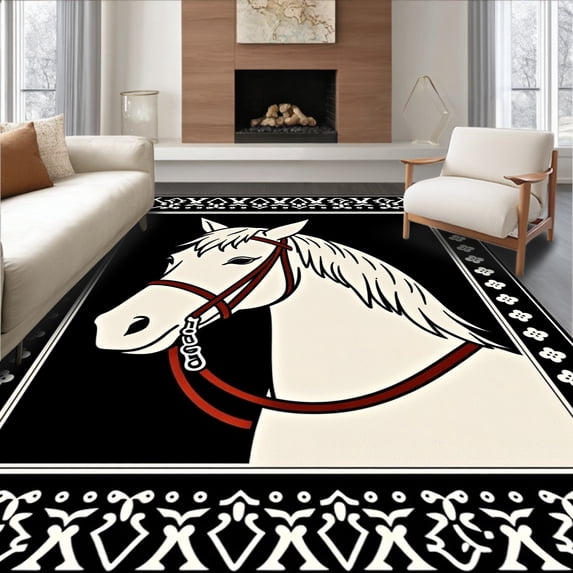 ODIKA 6'x9' Machine Washable Non-Slip Area Rug, Arabian Mare Yarn Cushion Kit Decorative Needlework Canvas High Traffic Rug with Pad, Black, 642353