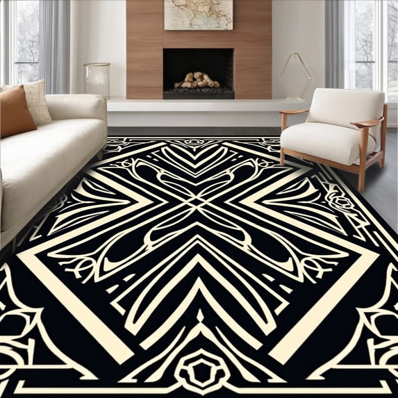 ODIKA 6'x9' Machine Washable Non-Slip Area Rug, Art Inspired Symmetric Fan Motifs with Layered Detailing High Traffic Rug, Black, 384912