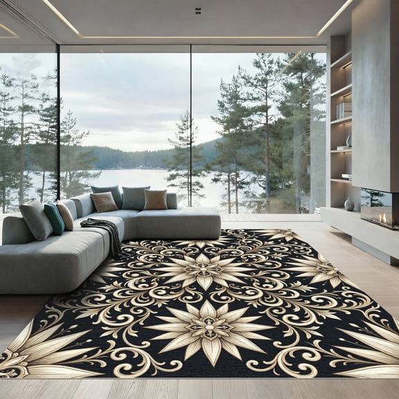 ODIKA 6'x9' Machine Washable Non-Slip Area Rug, Art Nouveau Black High Traffic Rug, Black, 973122