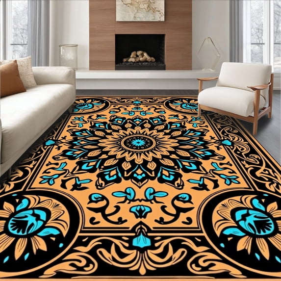 ODIKA 6'x9' Machine Washable Non-Slip Area Rug, Art Nouveau Meadow with Butterflies and Flourished Petal Motifs High Traffic Rug, Tan, 534338