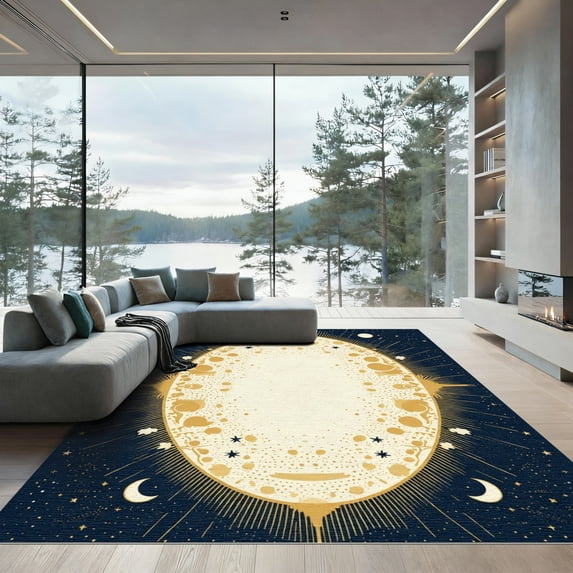 ODIKA 6'x9' Machine Washable Non-Slip Area Rug, Art Nouveau Navy Blue High Traffic Rug, Blue, 1060894