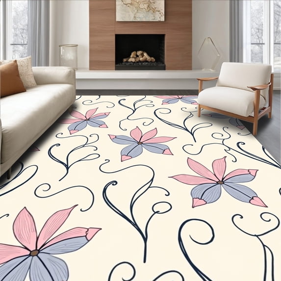 ODIKA 6'x9' Machine Washable Non-Slip Area Rug, Art Nouveau Scrollwork with Stylized Petal Flourishes High Traffic Rug, Ivory, 552819