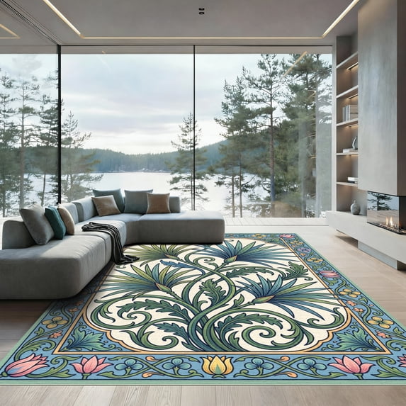 ODIKA 6'x9' Machine Washable Non-Slip Area Rug, Art Nouveau Teal High Traffic Rug, Blue, 1010960