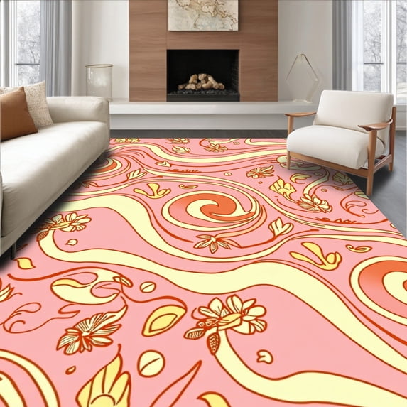 ODIKA 6'x9' Machine Washable Non-Slip Area Rug, Art Nouveau Wave with Stylized Leaf Embellishments High Traffic Rug, Pink, 497426