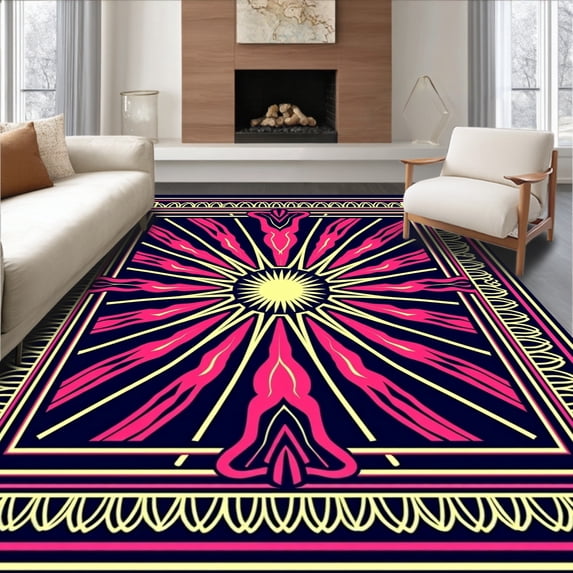 ODIKA 6'x9' Machine Washable Non-Slip Area Rug, Art with Sunburst Interlocking Motifs High Traffic Rug, Pink, 554211