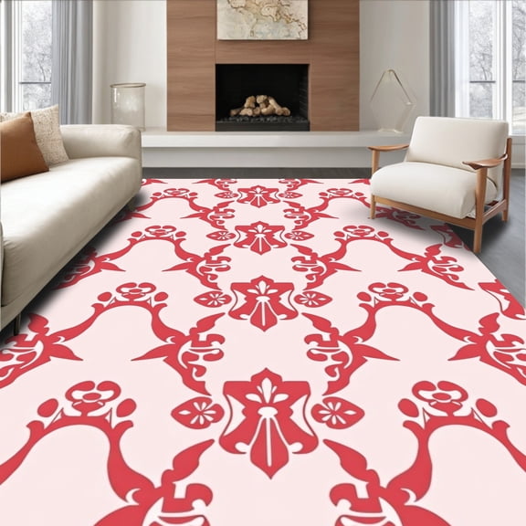 ODIKA 6x9 Machine Washable Non-Slip Area Rug, Artisan Boho Tile Featuring Interlocking Curves And Abstract Floral High Traffic Rug, Red, 368142