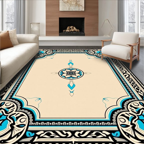 ODIKA 6x9 Machine Washable Non-Slip Area Rug, Artisan Filigree Damask Featuring Ornamental Latticework Design High Traffic Rug, Beige, 592368