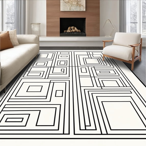 ODIKA 6'x9' Machine Washable Non-Slip Area Rug, Artisan Maze Interlocking Labyrinth with Minimalist Symmetry High Traffic Rug, White, 458134