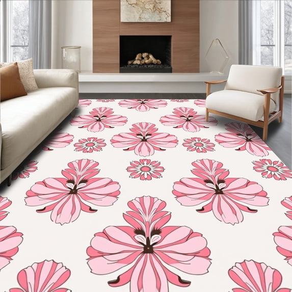 ODIKA 6'x9' Machine Washable Non-Slip Area Rug, Artisan Mosaic Blossom Petal High Traffic Rug with Pad, Pink, 461124
