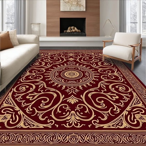 ODIKA 6'x9' Machine Washable Non-Slip Area Rug, Artisan Paisley Swirl Embroidery Heirloom High Traffic Rug with Pad, Red, 611713