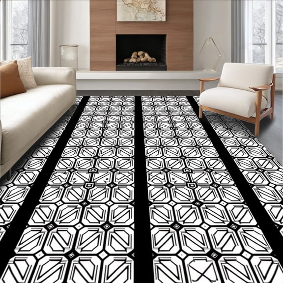 ODIKA 6'x9' Machine Washable Non-Slip Area Rug, Artistic Honeycomb Hexagonal Boho Modern Intersecting Grid High Traffic Rug, Black, 522623