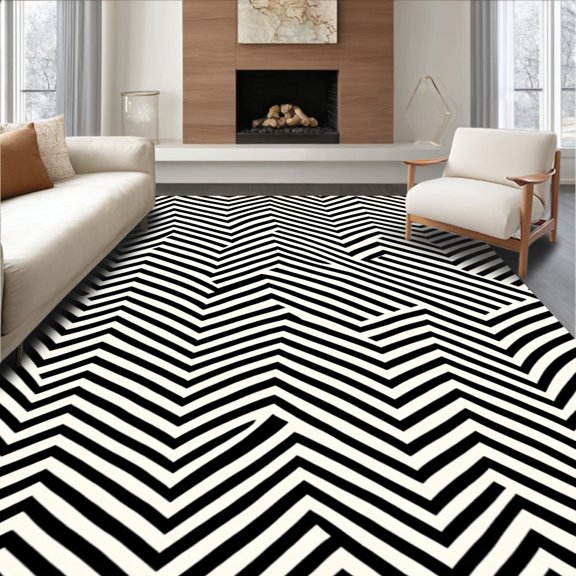 ODIKA 6'x9' Machine Washable Non-Slip Area Rug, Asymmetric Featuring Bold Monochrome Dynamics High Traffic Rug, Black, 522618
