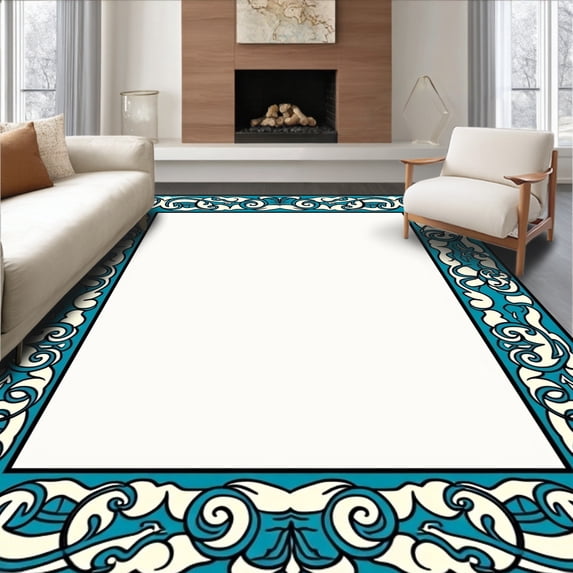 ODIKA 6'x9' Machine Washable Non-Slip Area Rug, Azure Crest Serpentine Bordered Design High Traffic Rug with Pad, Blue, 366477