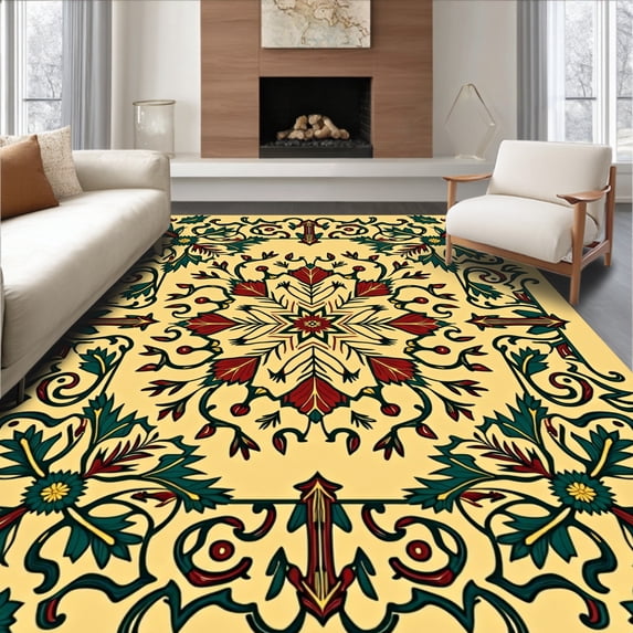 ODIKA 6'x9' Machine Washable Non-Slip Area Rug, Baroque Winter Pine Berry Vine Flourish High Traffic Rug with Pad, Beige, 614470