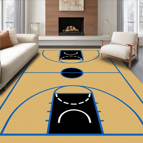 ODIKA 6'x9' Machine Washable Non-Slip Area Rug, Basketball Court Floor Black Key Lines High Traffic Rug with Pad, Beige, 841064