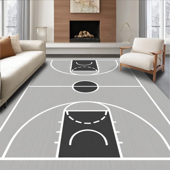 ODIKA 6'x9' Machine Washable Non-Slip Area Rug, Basketball Court Gray Floor Black Key Lines High Traffic Rug, Gray, 841054