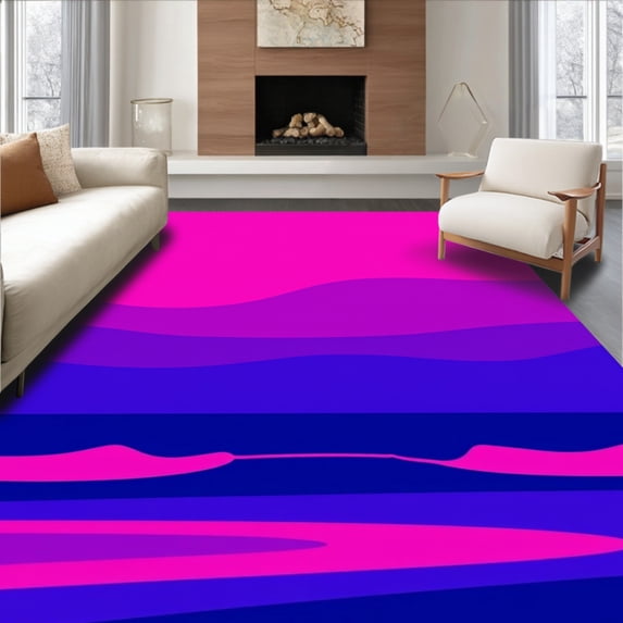 ODIKA 6'x9' Machine Washable Non-Slip Area Rug, Beach Horizon Handcraft Needlework High Traffic Rug with Pad, Pink, 635046