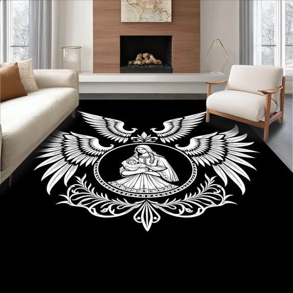 ODIKA 6'x9' Machine Washable Non-Slip Area Rug, Birth Scene Hook with Celestial Wings High Traffic Rug, Black, 650428
