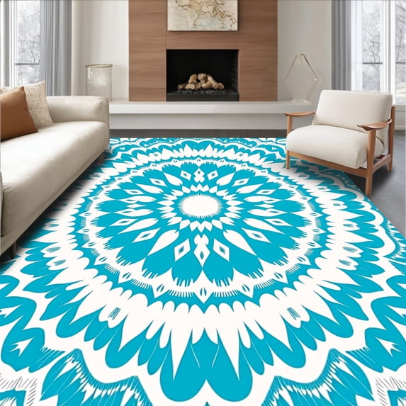 ODIKA 6'x9' Machine Washable Non-Slip Area Rug, Blossom with Symmetrical Petal Design High Traffic Rug with Pad, Blue, 437688