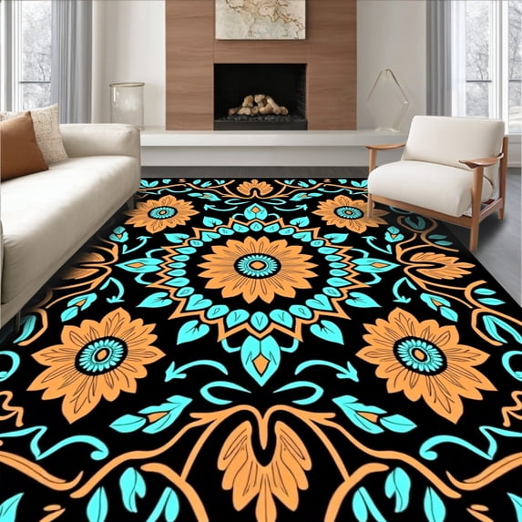 ODIKA 6'x9' Machine Washable Non-Slip Area Rug, Boho Garden Stitch Decorative Accent Treasure High Traffic Rug with Pad, Black, 642763