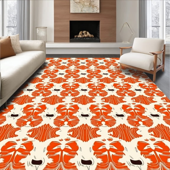 ODIKA 6x9 Machine Washable Non-Slip Area Rug, Boho Inspired Interlocking Petal Motif With Vintage Appeal High Traffic Rug, Orange, 572988