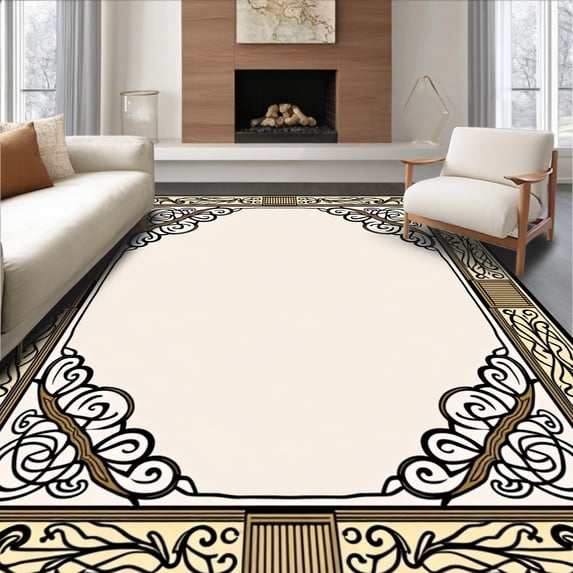 ODIKA 6'x9' Machine Washable Non-Slip Area Rug, Boho Latticework Vine Design with Art Nouveau Flourish High Traffic Rug with Pad, Beige, 479732