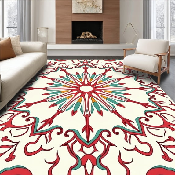 ODIKA 6'x9' Machine Washable Non-Slip Area Rug, Boho Sunburst Design with Twisting Leaf Motifs High Traffic Rug, Red, 503427