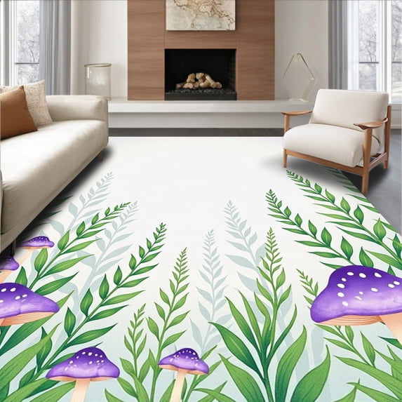 ODIKA 6'x9' Machine Washable Non-Slip Area Rug, Botanical Dreamscape with Playful Mushroom and Wild Ferns High Traffic Rug, Purple, 556932