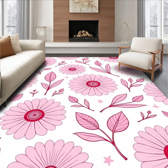 ODIKA 6'x9' Machine Washable Non-Slip Area Rug, Botanical Garden Blossom Enchanted Dreamy Whimsical Illustration High Traffic Rug with Pad, Pink, 578140