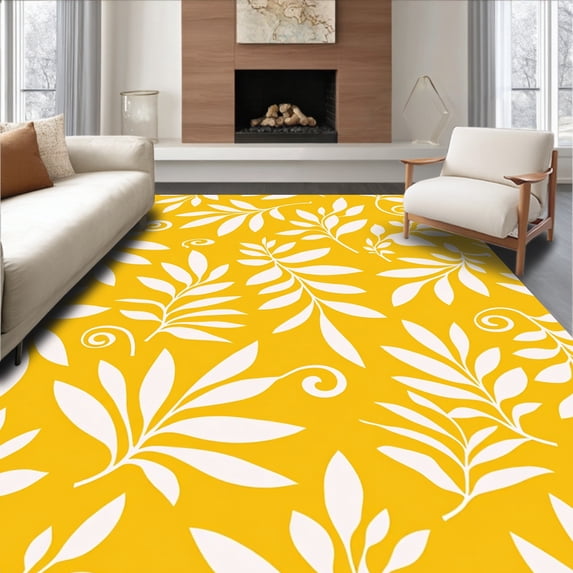 ODIKA 6'x9' Machine Washable Non-Slip Area Rug, Botanical Leaf with Gentle Swirl Embellishments High Traffic Rug with Pad, Yellow, 461763