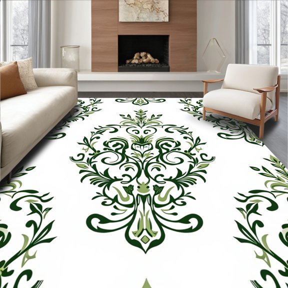 ODIKA 6x9 Machine Washable Non-Slip Area Rug, Botanical Scroll Damask with Flourishing Vine Details High Traffic Rug, Green, 559038