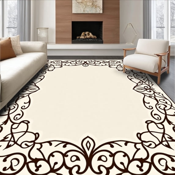 ODIKA 6'x9' Machine Washable Non-Slip Area Rug, Botanical Vine Lattice Design Inspired by Classic Art Nouveau High Traffic Rug with Pad, Beige, 457515