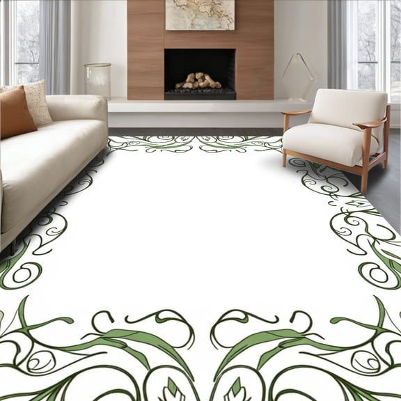 ODIKA 6x9 Machine Washable Non-Slip Area Rug, Botanical Vine Scroll Rubber Backing Contemporary Accent Textile High Traffic Rug, Green, 490045