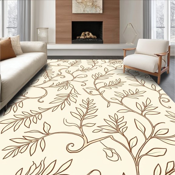 ODIKA 6x9 Machine Washable Non-Slip Area Rug, Botanical Vine Scroll with Delicate Leaf Flourishes High Traffic Rug, Ivory, 483910