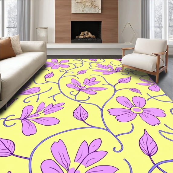 ODIKA 6'x9' Machine Washable Non-Slip Area Rug, Botanical Vine Scrolls with Stylized Petal and Leaf Embellishments High Traffic Rug with Pad, Yellow, 532673