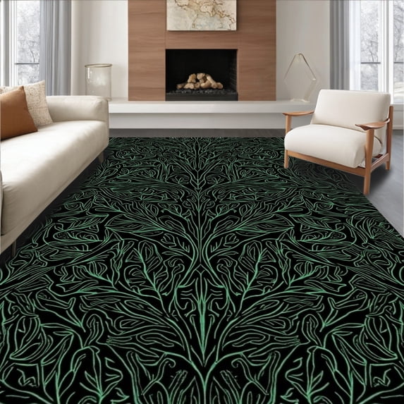 ODIKA 6'x9' Machine Washable Non-Slip Area Rug, Botanical Vine Trellis with Intricate Leaf Motifs High Traffic Rug, Black, 576198