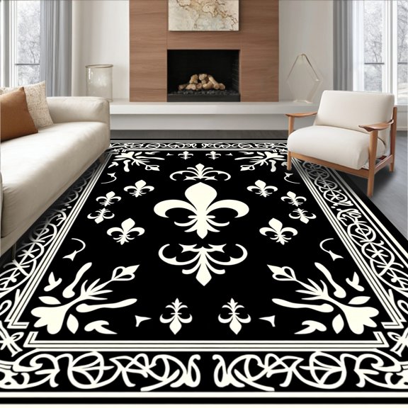 ODIKA 6'x9' Machine Washable Non-Slip Area Rug, Botanical with Fleur De Embellishments High Traffic Rug, Black, 665700
